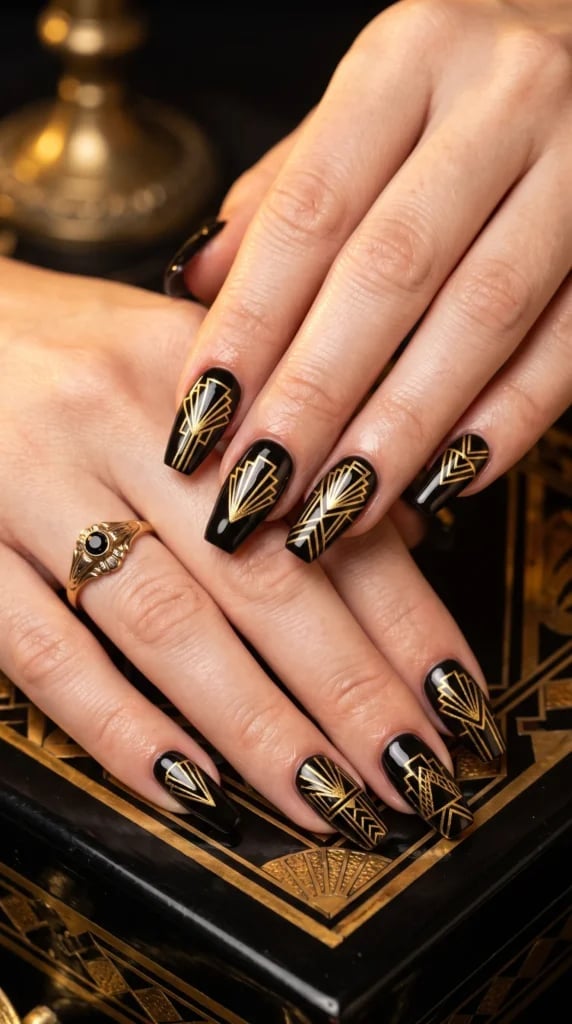Long Coffin Black With Gold Art Deco Patterns Long Coffin Black With Gold Art Deco Patterns — Black and Gold Nails 2027