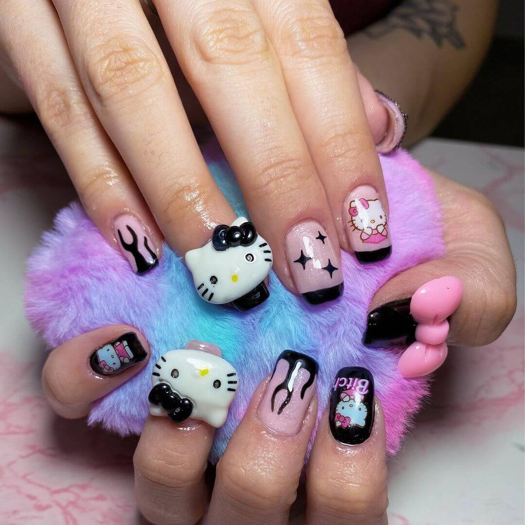 Short Almond Black Pink Flame Hello Kitty Nails Short Almond Black Pink Flame Hello Kitty Nails — Black Hello Kitty Nails 2027