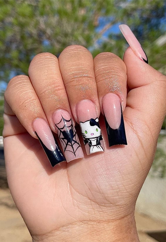 Medium Square Pink Black Spider Web Hello Kitty Nails Medium Square Pink Black Spider Web Hello Kitty Nails — Black Hello Kitty Nails 2027