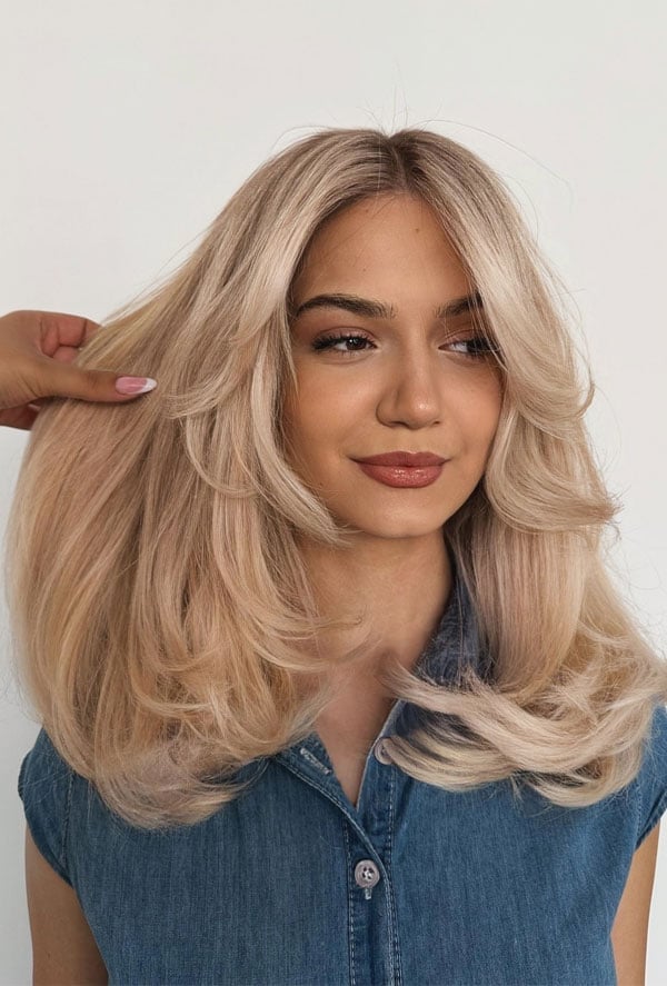 Champagne Blonde Collarbone Layers With Curtain Bangs, Wavy Champagne Blonde Collarbone Layers With Curtain Bangs, Wavy — Blonde Hair 2027 for Olive Skin