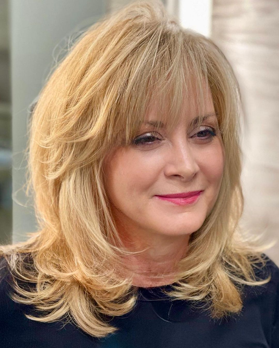Honey Blonde Collarbone Layers With Curtain Bangs, Wavy — Blonde Hair 2027 for Women Over 60