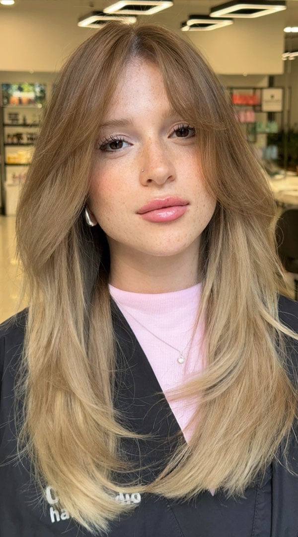 Sandy Blonde Mid-Back Layers with Curtain Bangs — Blonde Straight Hair 2027