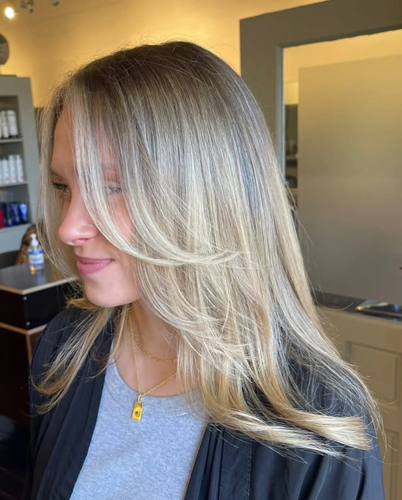 Blonde Balayage Mid-Back Layers with Curtain Bangs, Close-Up Take — Blonde Straight Hair 2027