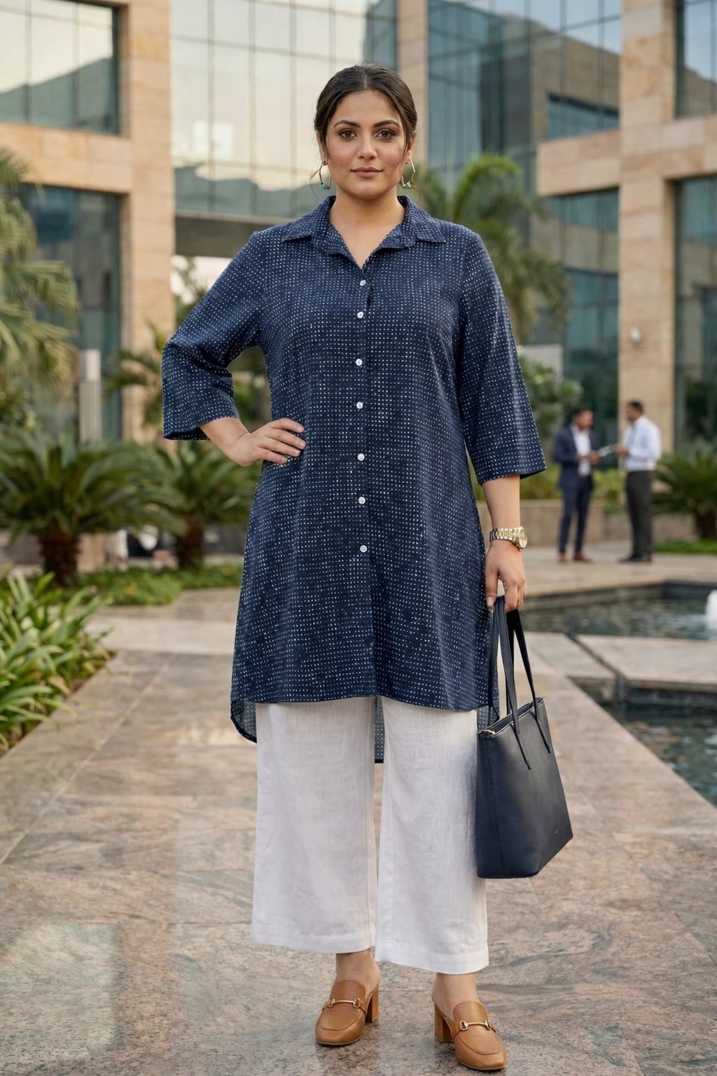Dot Pattern Shirt With White Linen Pants Dot Pattern Shirt With White Linen Pants — Blouse Outfits 2027 for Plus Size