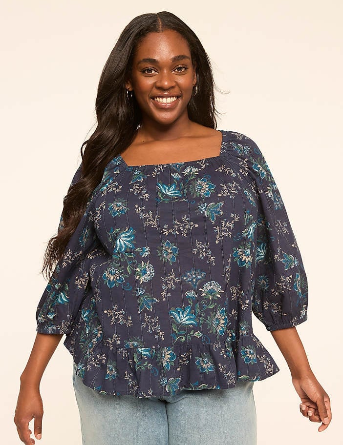 Navy Floral Peasant Blouse With Ruffled Hem Navy Floral Peasant Blouse With Ruffled Hem — Blouse Outfits 2027 for Plus Size