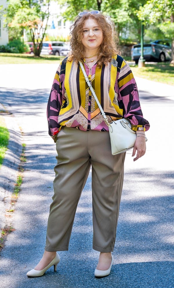 Graphic Print Blouse With Faux Leather Trousers Graphic Print Blouse With Faux Leather Trousers — Blouse Outfits 2027 for Plus Size