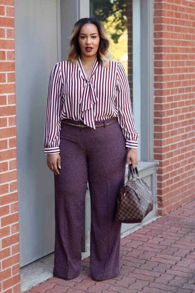 Striped Pussy-Bow Blouse With Textured Trousers Striped Pussy-Bow Blouse With Textured Trousers — Blouse Outfits 2027 for Plus Size