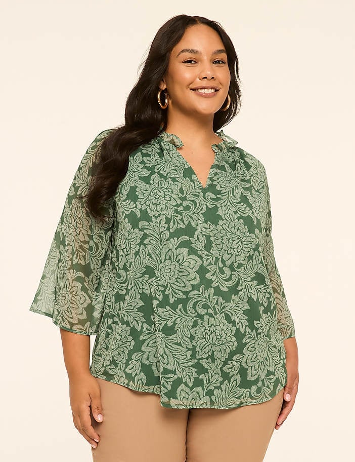 Green Sheer Blouse With Cream Floral Print Green Sheer Blouse With Cream Floral Print — Blouse Outfits 2027 for Plus Size