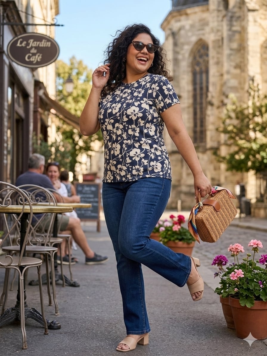 Navy Floral T-Shirt With Nude Sandals Navy Floral T-Shirt With Nude Sandals — Blouse Outfits 2027 for Plus Size
