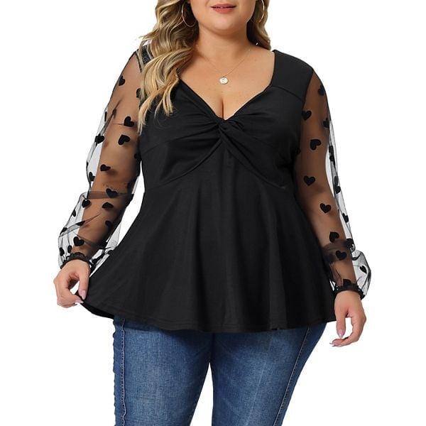 Black Peplum Top With Heart Print Mesh Sleeves Black Peplum Top With Heart Print Mesh Sleeves — Blouse Outfits 2027 for Plus Size