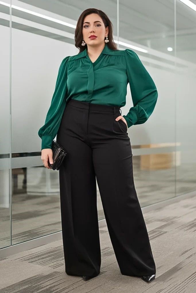 Emerald Green Satin Blouse With Black Trousers Emerald Green Satin Blouse With Black Trousers — Blouse Outfits 2027 for Plus Size