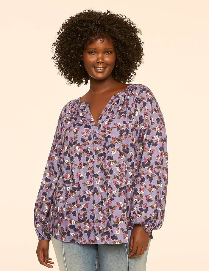 Purple Leaf Print Blouse With Denim Jeans Purple Leaf Print Blouse With Denim Jeans — Blouse Outfits 2027 for Plus Size