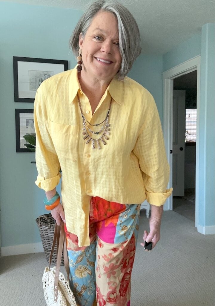 Yellow Textured Blouse With Patterned Trousers Yellow Textured Blouse With Patterned Trousers — Blouse Outfits 2027 for Women Over 50