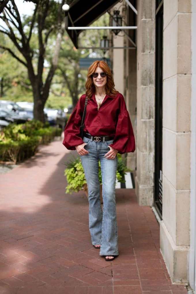 Burgundy Oversized Shirt With Flare Jeans Burgundy Oversized Shirt With Flare Jeans — Blouse Outfits 2027 for Women Over 50