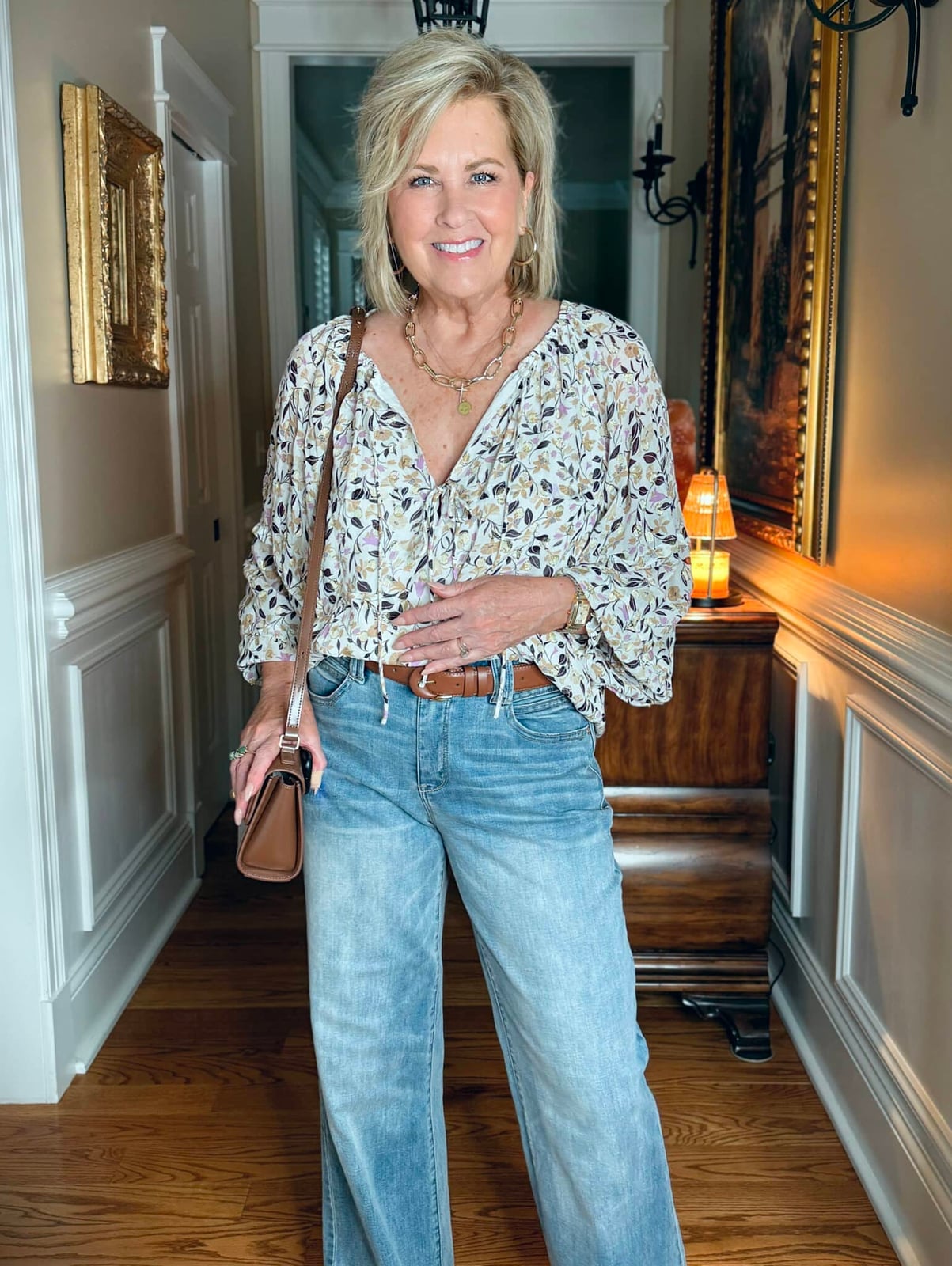 Floral Tie-Neck Blouse With Relaxed Fit Jeans Floral Tie-Neck Blouse With Relaxed Fit Jeans — Blouse Outfits 2027 for Women Over 50