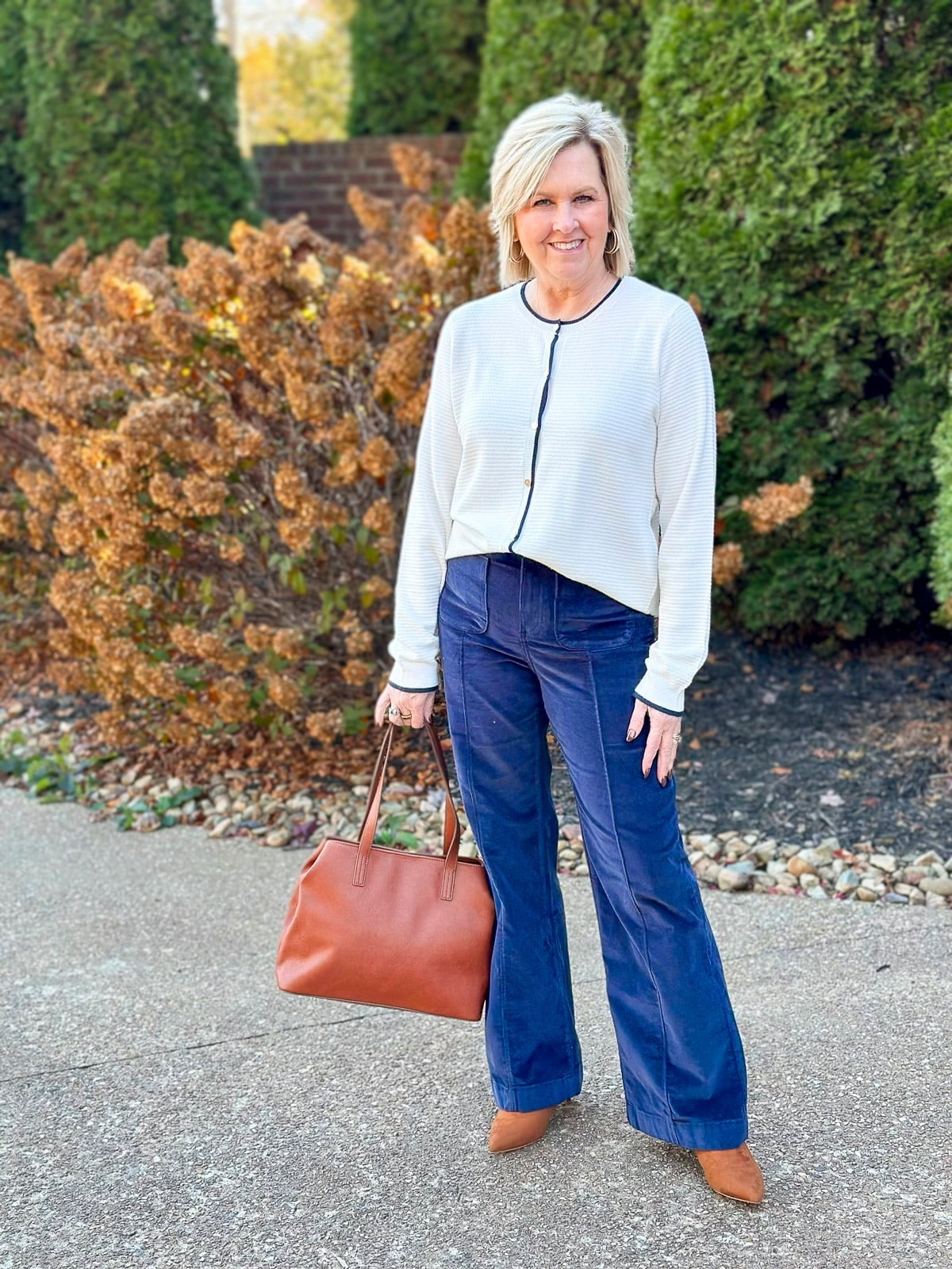 Cream Cardigan Over Navy Top With Corduroy Trousers Cream Cardigan Over Navy Top With Corduroy Trousers — Blouse Outfits 2027 for Women Over 50