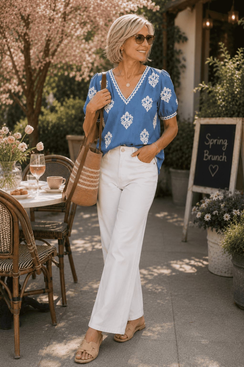 Blue Embroidered Blouse With White Wide-Leg Jeans Blue Embroidered Blouse With White Wide-Leg Jeans — Blouse Outfits 2027 for Women Over 50