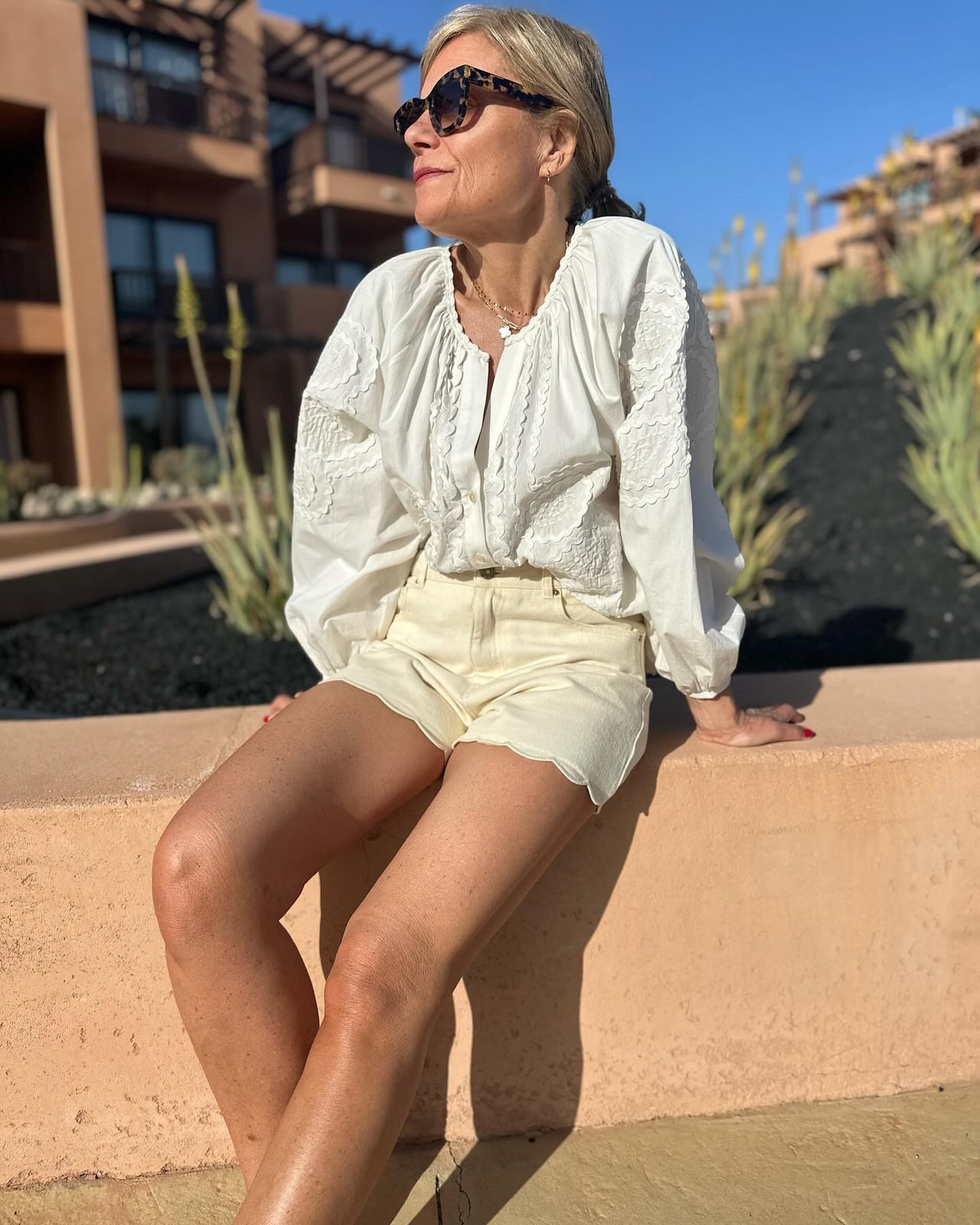 White Embroidered Blouse With Cream Shorts White Embroidered Blouse With Cream Shorts — Blouse Outfits 2027 for Women Over 50
