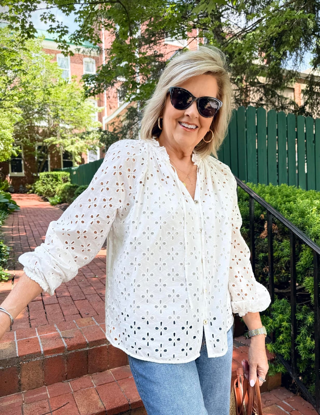 White Eyelet Blouse With Blue Straight-Leg Jeans White Eyelet Blouse With Blue Straight-Leg Jeans — Blouse Outfits 2027 for Women Over 50