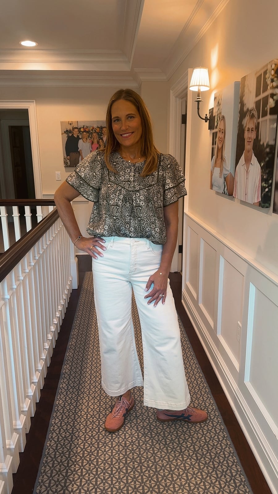 Printed Peasant Blouse With White Wide-Leg Jeans Printed Peasant Blouse With White Wide-Leg Jeans — Blouse Outfits 2027 for Women Over 50