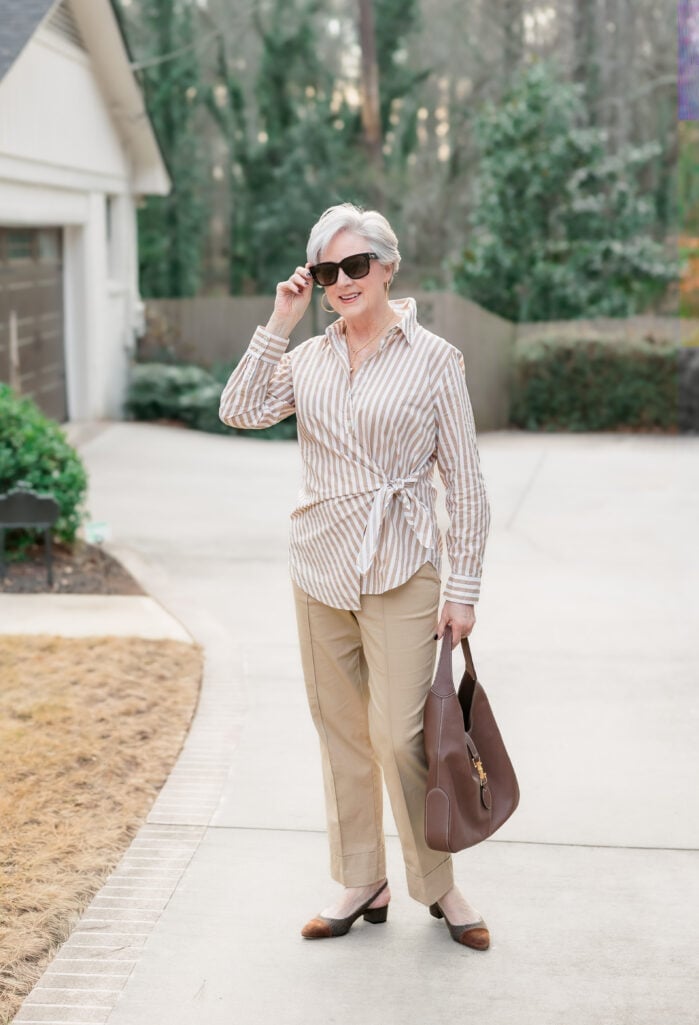 Striped Wrap Blouse With Tan Straight-Leg Pants Striped Wrap Blouse With Tan Straight-Leg Pants — Blouse Outfits 2027 for Women Over 50