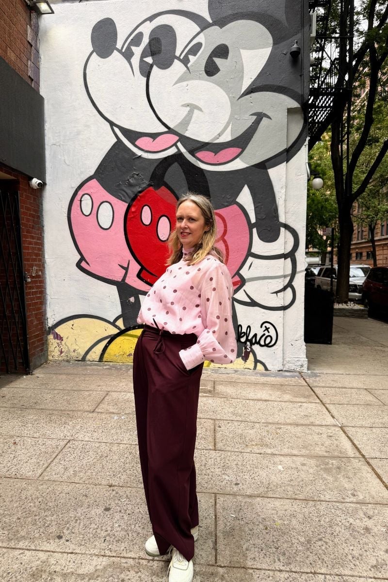 Pink Polka Dot Sheer Blouse With Burgundy Trousers Pink Polka Dot Sheer Blouse With Burgundy Trousers — Blouse Outfits 2027 for Women Over 50