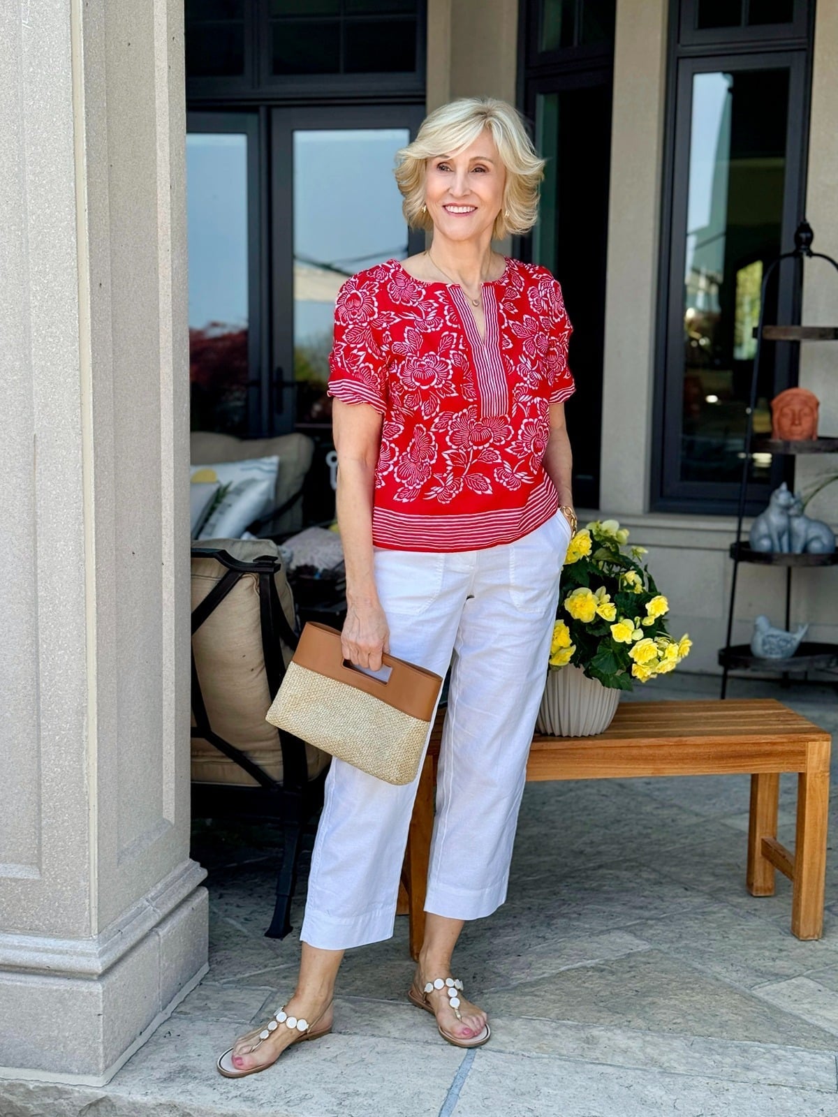 Red Floral V-Neck Top With White Cropped Pants Red Floral V-Neck Top With White Cropped Pants — Blouse Outfits 2027 for Women Over 50