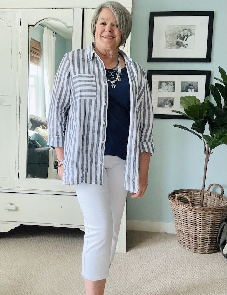 Striped Linen Shirt Over Navy Top With White Cropped Pants Striped Linen Shirt Over Navy Top With White Cropped Pants — Blouse Outfits 2027 for Women Over 50
