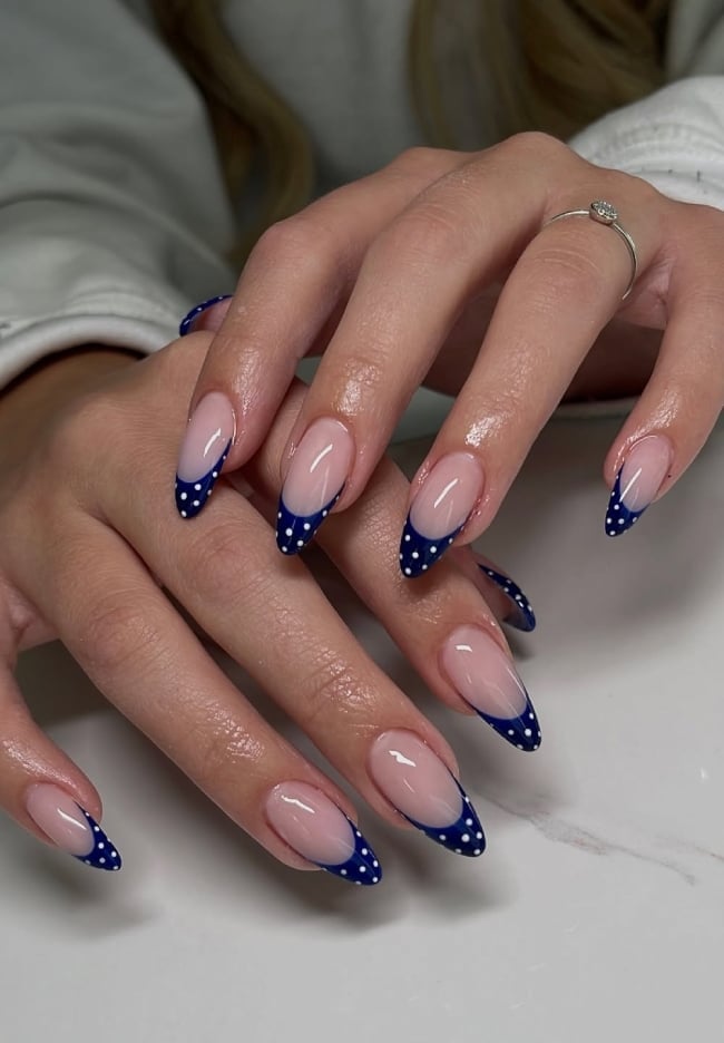 Navy Blue French Tips With White Polka Dots Navy Blue French Tips With White Polka Dots — Blue French Tip Nails 2027