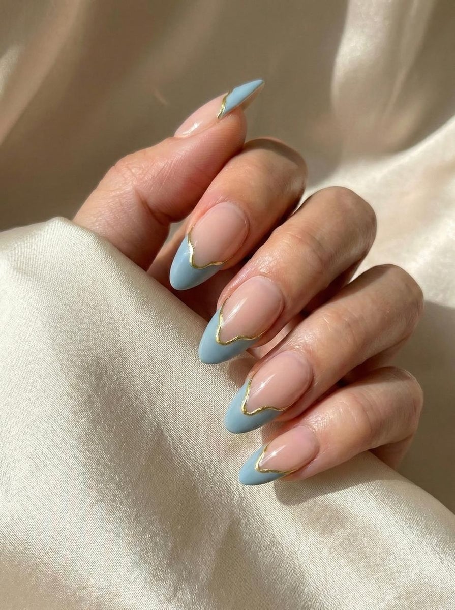 Light Blue French Tips With Gold Line Accent Light Blue French Tips With Gold Line Accent — Blue French Tip Nails 2027