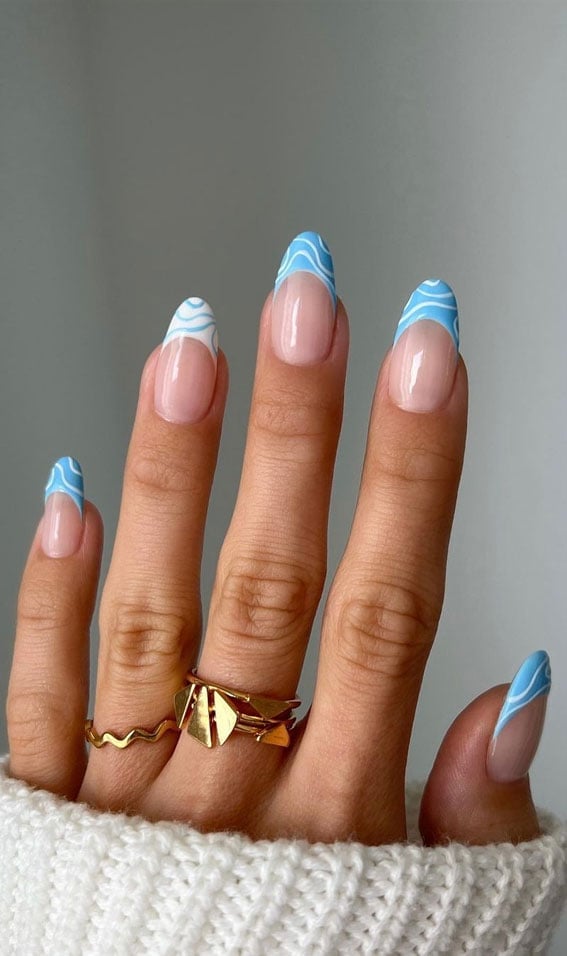 Nude Base Blue and White Wavy French Tips, Glossy Nude Base Blue and White Wavy French Tips, Glossy — Blue French Tip Nails 2027