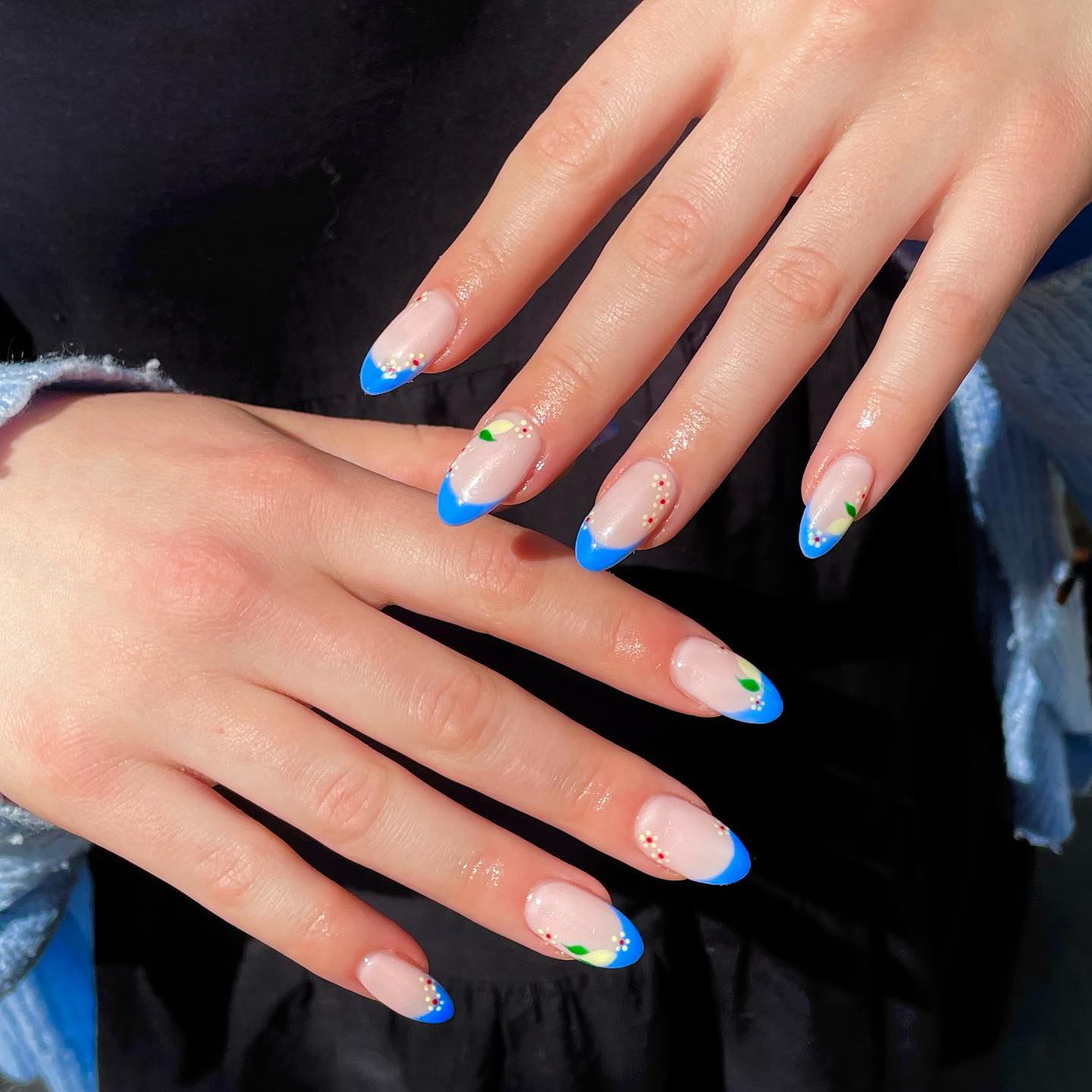 Sheer Pink Base Bright Blue Floral French Tips Sheer Pink Base Bright Blue Floral French Tips — Blue French Tip Nails 2027