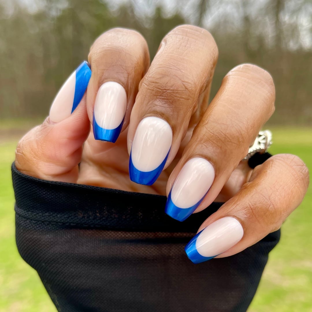 Nude Base Metallic Blue Coffin French Tips Nude Base Metallic Blue Coffin French Tips — Blue French Tip Nails 2027
