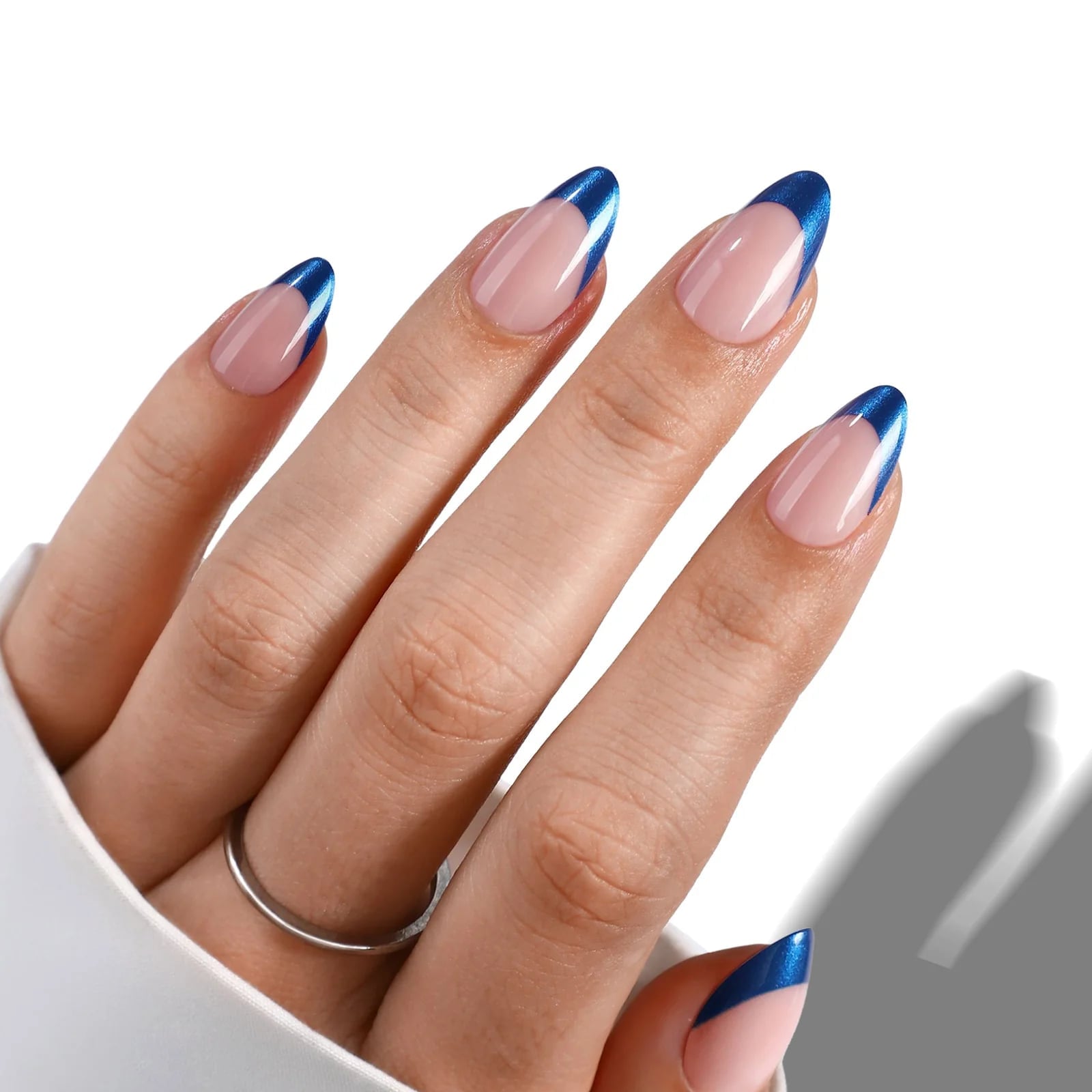 Nude Base Metallic Royal Blue French Tips, Almond Nude Base Metallic Royal Blue French Tips, Almond — Blue French Tip Nails 2027