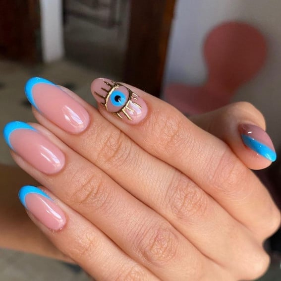 Nude Base Bright Blue French Tips With Evil Eye Nude Base Bright Blue French Tips With Evil Eye — Blue French Tip Nails 2027
