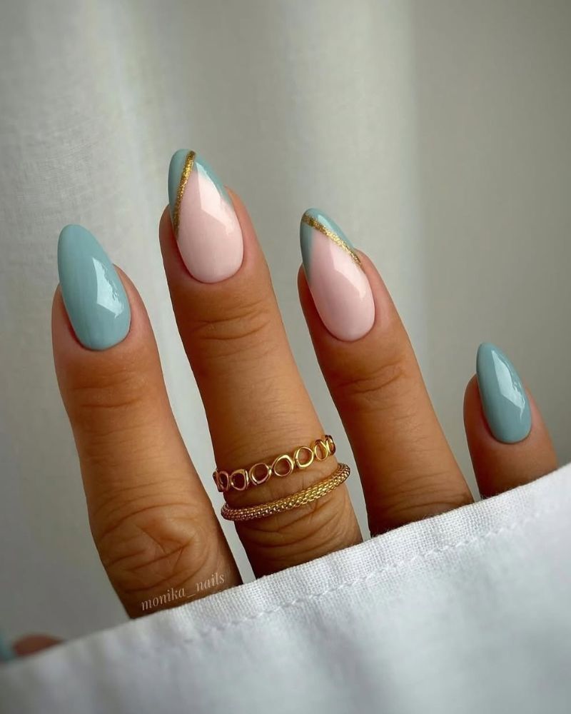 Soft Pink Base Light Blue French Tips With Gold Line Soft Pink Base Light Blue French Tips With Gold Line — Blue French Tip Nails 2027