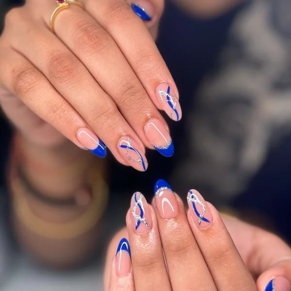 Sheer Pink Base Blue French Tips With Silver Accents Sheer Pink Base Blue French Tips With Silver Accents — Blue French Tip Nails 2027