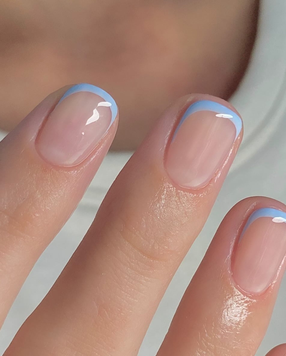Short Almond Sheer Nude Sky Blue French Tips Short Almond Sheer Nude Sky Blue French Tips — Blue French Tip Nails 2027
