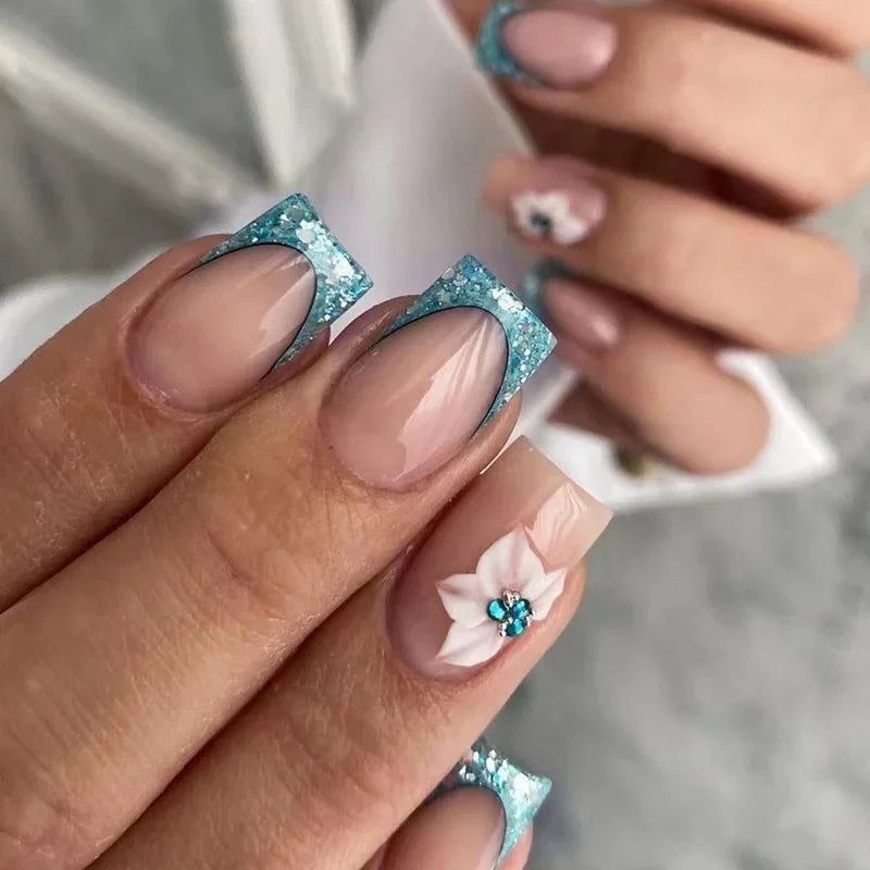 Nude Base Sparkling Blue Glitter French Tips Nude Base Sparkling Blue Glitter French Tips — Blue French Tip Nails 2027