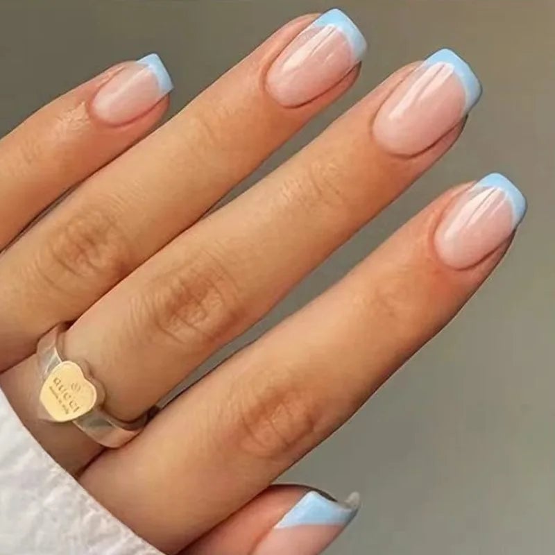 Short Square Sheer Pink Light Blue French Tips Short Square Sheer Pink Light Blue French Tips — Blue French Tip Nails 2027