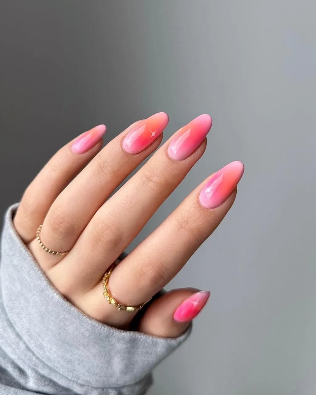 Pink and Orange Aura Gradient Medium Almond Nails Pink and Orange Aura Gradient Medium Almond Nails — Blush Nails 2027