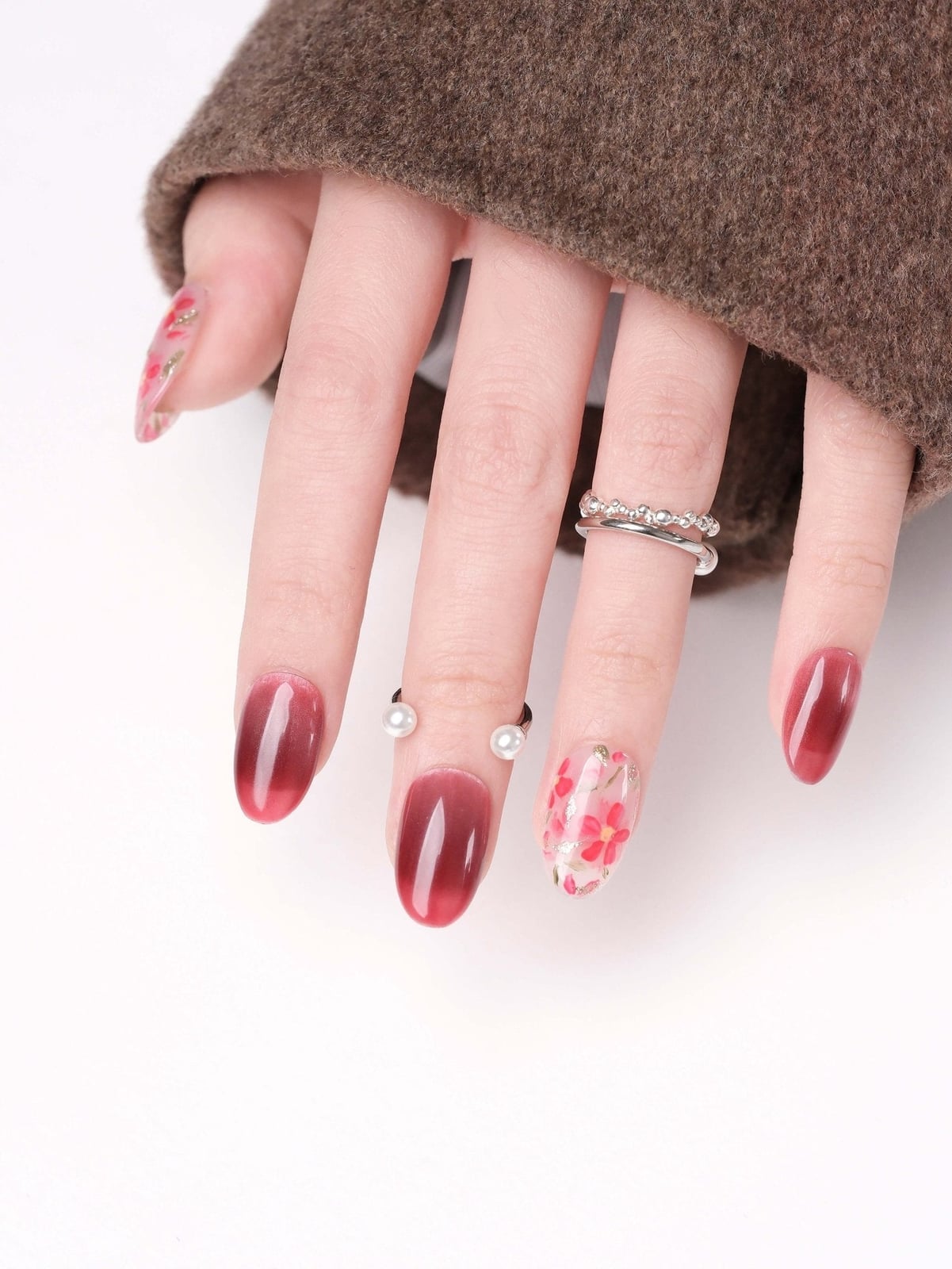 Deep Pink Jelly with Floral Print Accent Nails Deep Pink Jelly with Floral Print Accent Nails — Blush Nails 2027