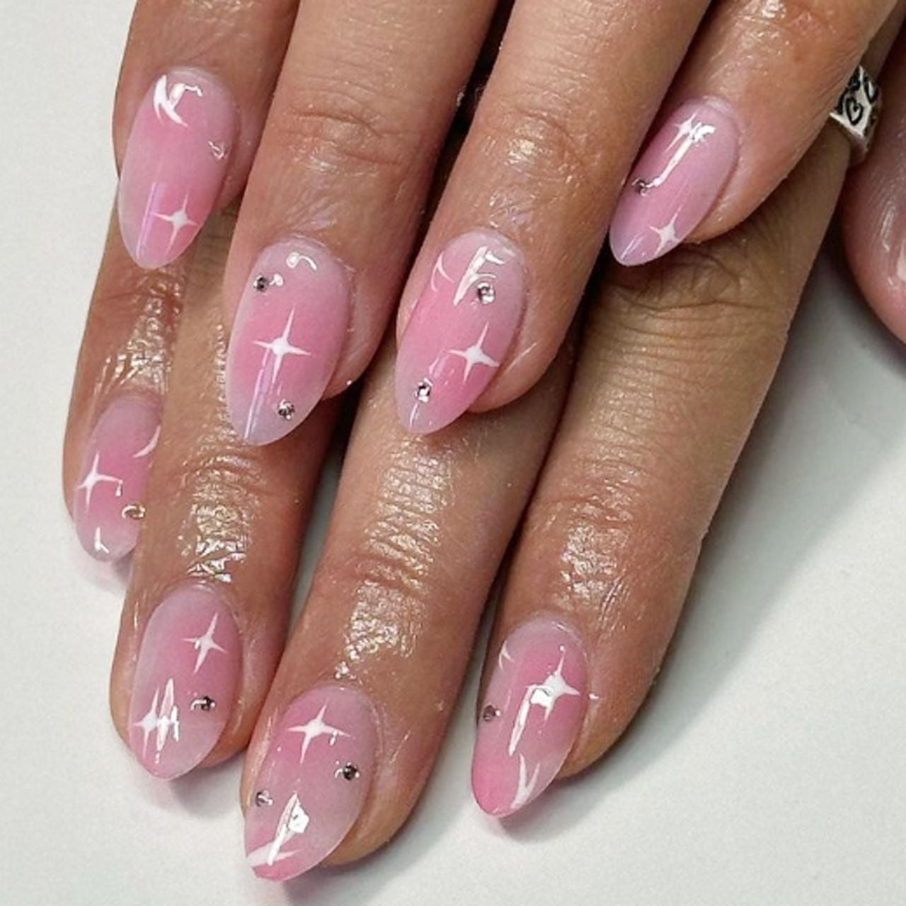 Pink to Clear Gradient with White Starburst Art Pink to Clear Gradient with White Starburst Art — Blush Nails 2027