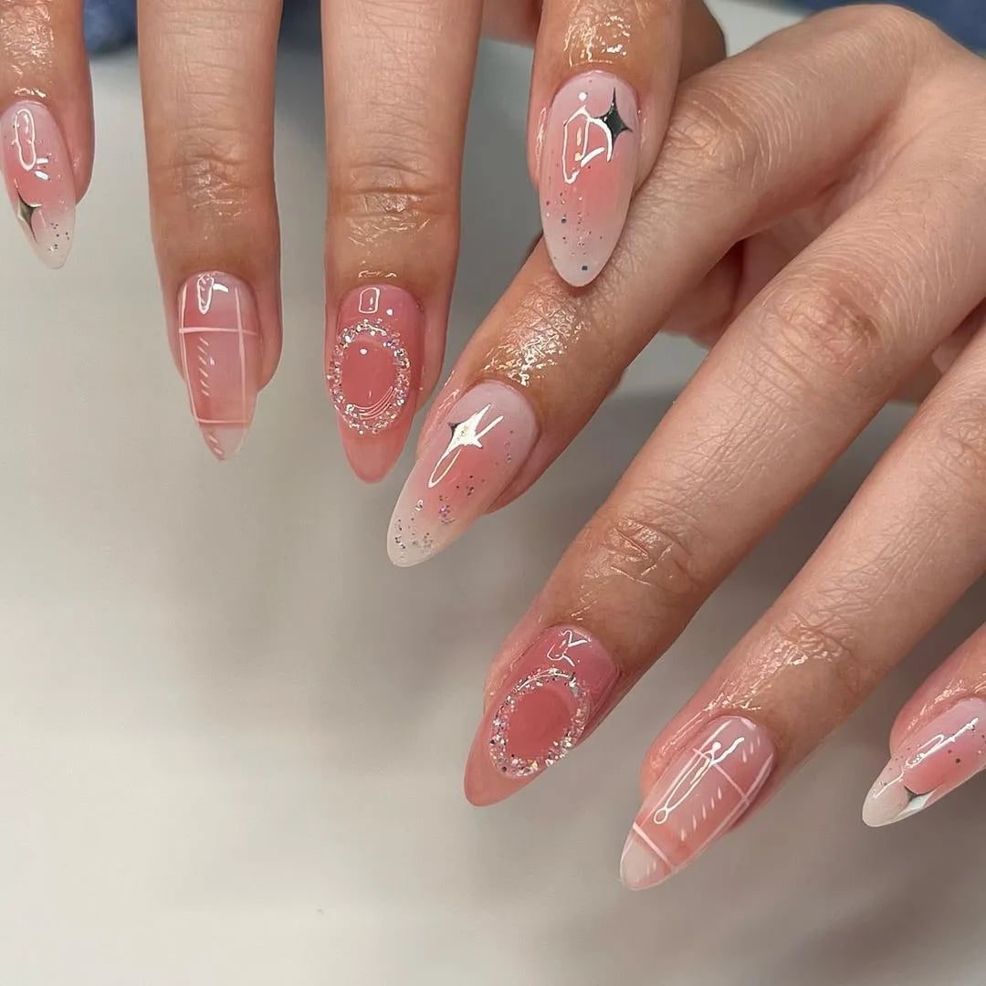 Long Almond Abstract Geometric Pink and White Nails Long Almond Abstract Geometric Pink and White Nails — Blush Nails 2027