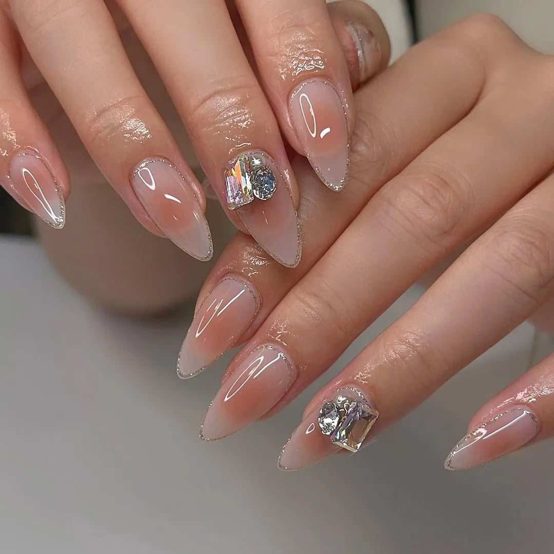 Long Almond Glitter French Tip with Rhinestones Long Almond Glitter French Tip with Rhinestones — Blush Nails 2027