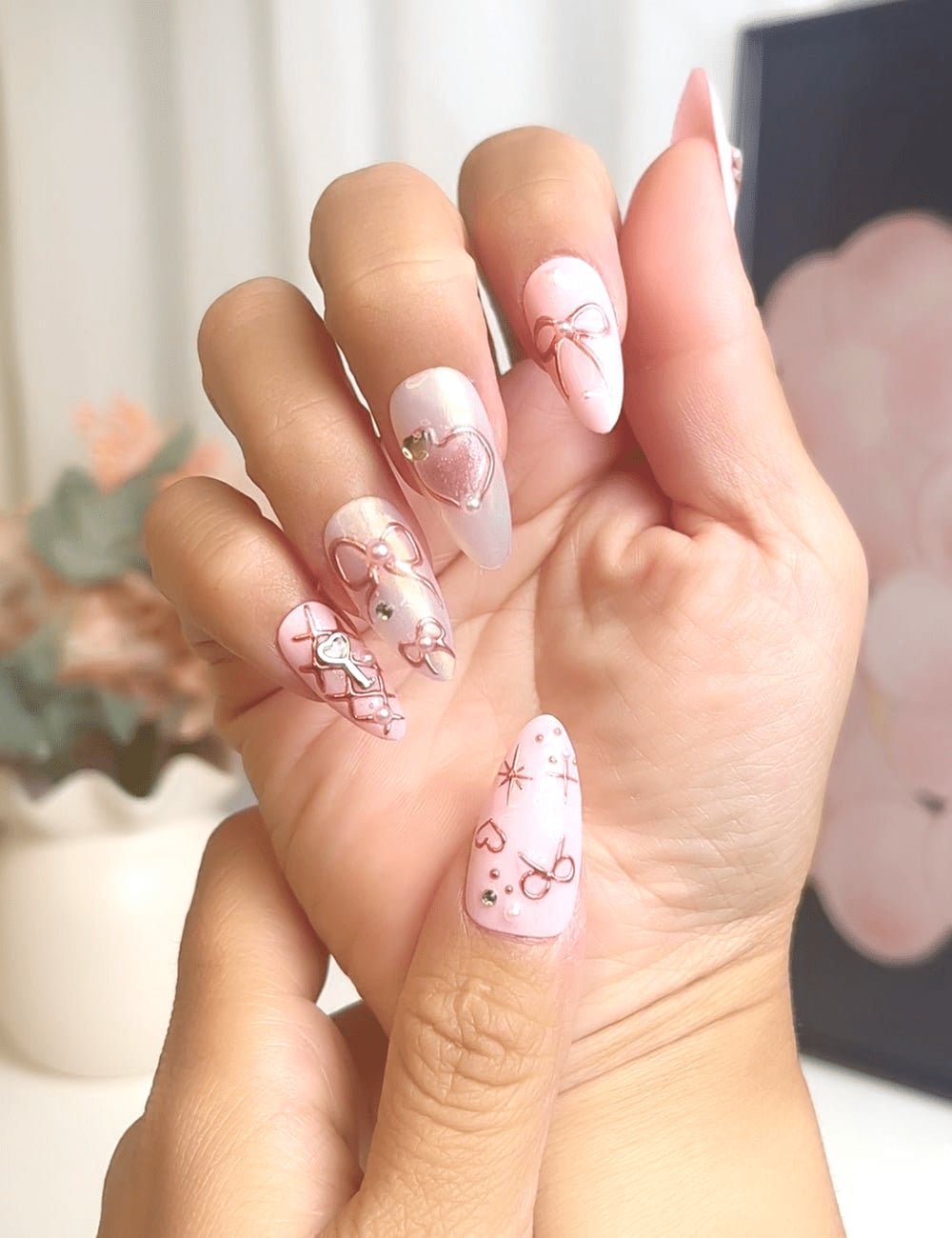 Medium Coffin 3D Pink Bows and Rose Gold Accents Medium Coffin 3D Pink Bows and Rose Gold Accents — Blush Nails 2027