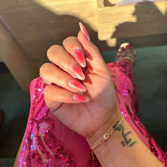 Long Almond Bright Pink to Coral Shimmer Gradient Long Almond Bright Pink to Coral Shimmer Gradient — Blush Nails 2027