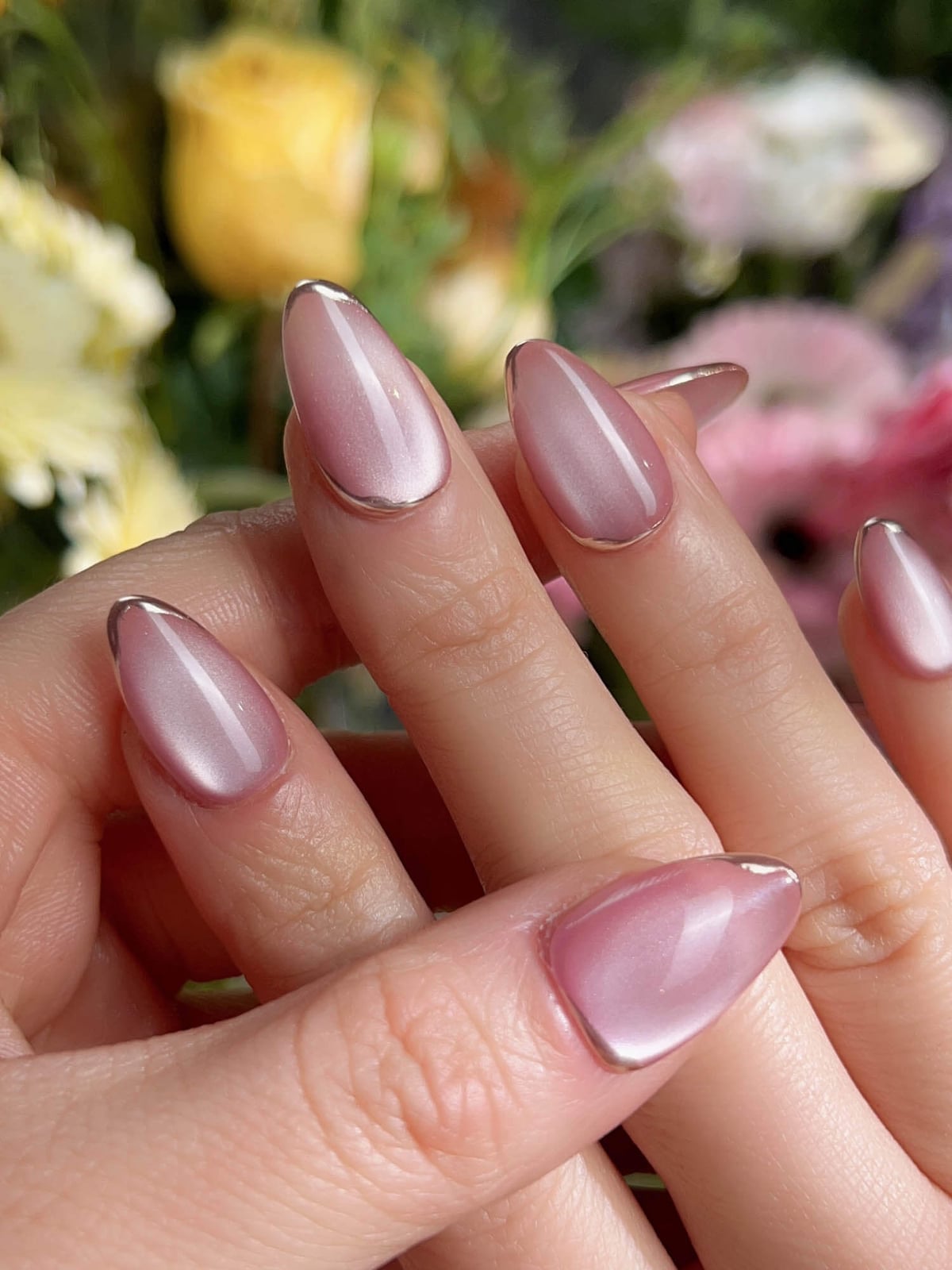 Sheer Pink with Metallic Silver French Tip Almonds Sheer Pink with Metallic Silver French Tip Almonds — Blush Nails 2027