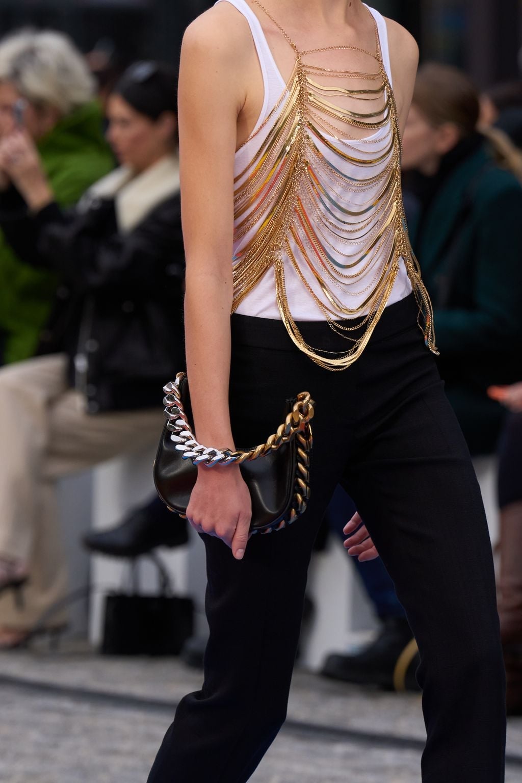 Multiple layered chains with white tank top and black handbag Multiple layered chains with white tank top and black handbag — Body Chain Outfits 2027