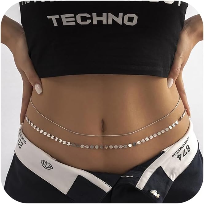 Double layer sequin body chain with black crop top and low-rise pants Double layer sequin body chain with black crop top and low-rise pants — Body Chain Outfits 2027